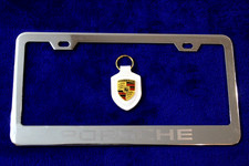 Metal Porsche License Plate Frame Accessory and Leather Fob With Crest