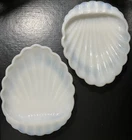 Vtg. Clam Shell Milk Glass Trinket Soap Dishes Set Of 2 White W/ Faint Blue Edge