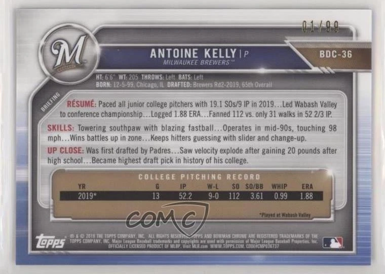 2019 Bowman Chrome Draft Sapphire Edition Blue /99 Antoine Kelly #BDC-36 - Image 2 of 2
