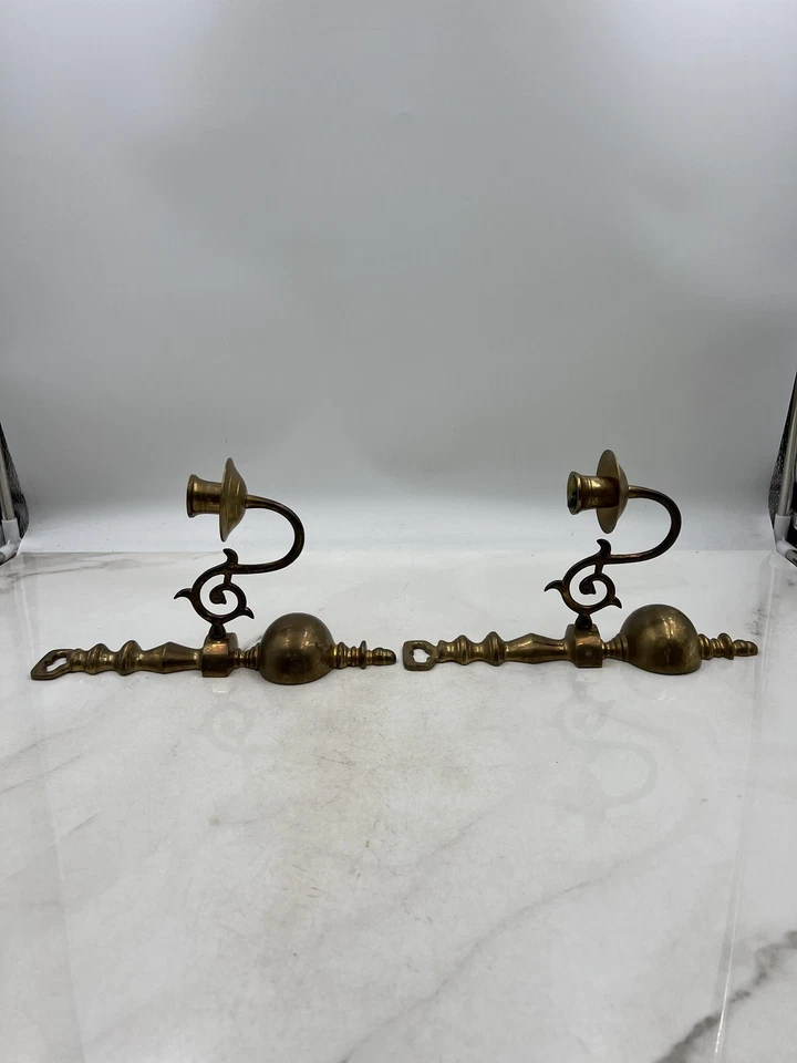 Vintage Brass Wall Sconces Pair Ornate Candle Holders 11in Colonial Revival - Image 4 of 4