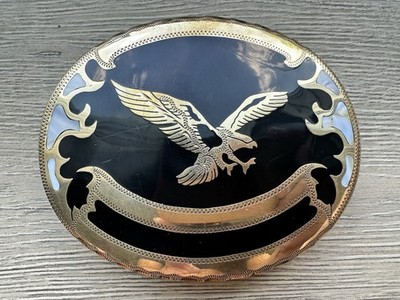 Vtg Johnson Held Handmade Flying Eagle Mother of Pearl Inlay Western Belt Buckle