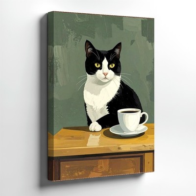 Wall Art Black White Tuxedo Cat with Coffee Cup on Table Vintage Style Print