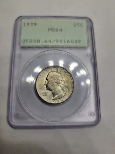 1939 Washington Silver Quarter 25C PCGS Rattler MS64 OGH Vintage Green