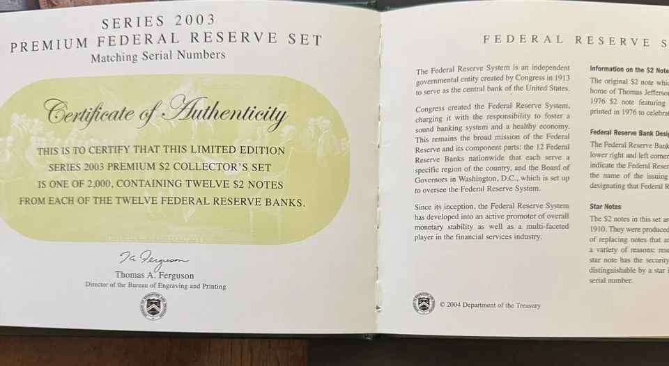 2003 $2 Premium Federal Reserve STAR Set 12 MATCHING Low serial number 1239* - Image 4 of 4