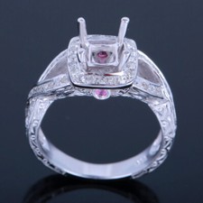 Sterling Silver Cushion Cut Semi Mount 0.45ct Diamonds genuine Rubies Fine Ring