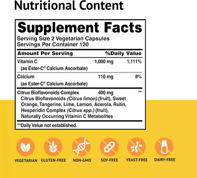 Esterc with Bioflavonoids Vegetarian Capsules 24Hour Immune Support Gentle on...