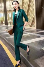 Tailleur Completo Donna Set Ufficio Giacca Blazer Pantaloni Verde Scuro 38289