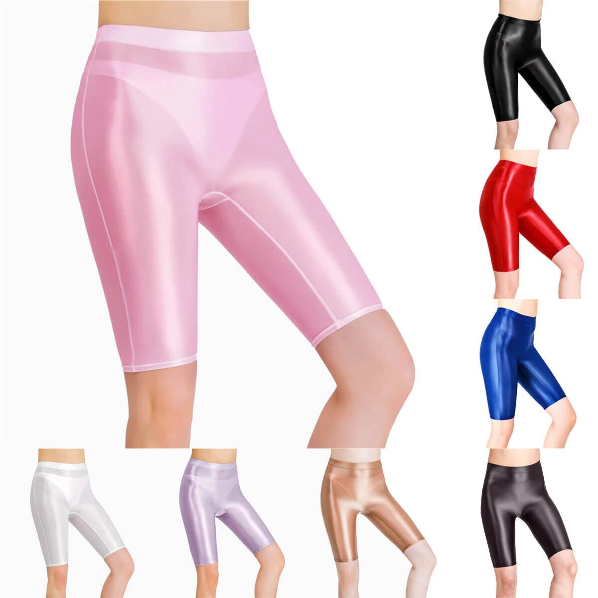 Women Stretch Wetlook Short Leggings Shiny Satin Glossy Yoga