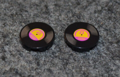 (2) 2x2 Black Round w/ Record Music Smooth Print Tile Bricks ~ New Lego Parts