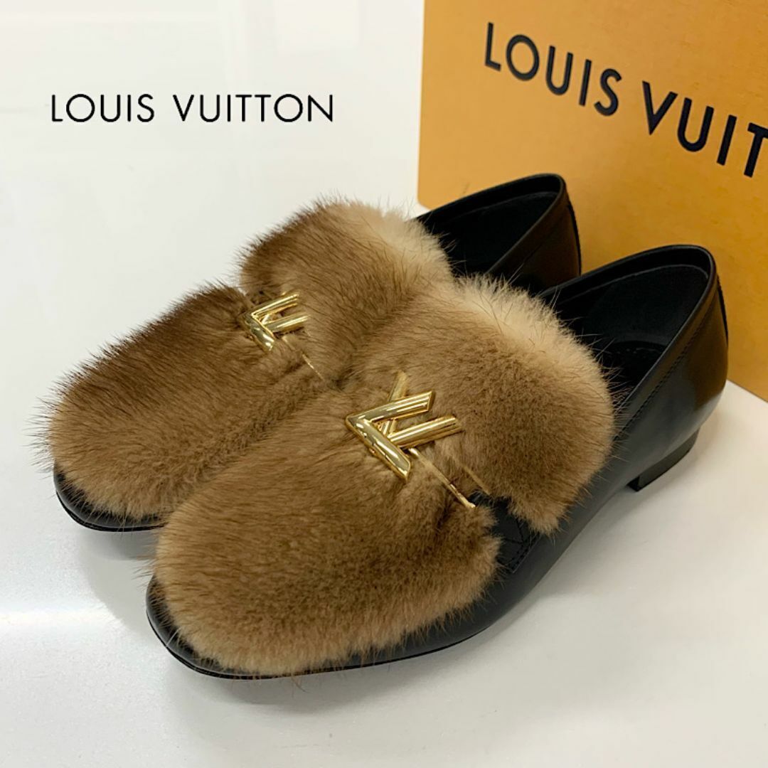 Louis Vuitton Loafers Brown Black Upper Case Line Leather Mink Fur