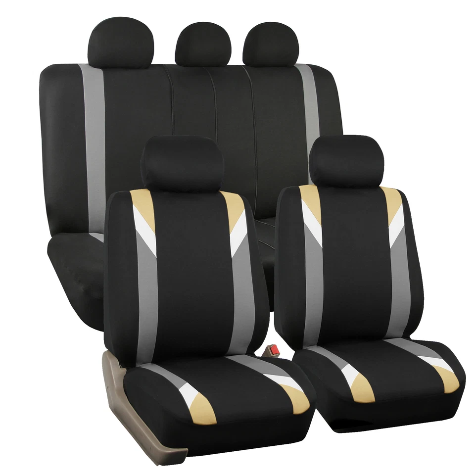 Premium Modernistic Beige Black Auto Car Seat Covers with All Weather Floor Mats - Image 2 of 4