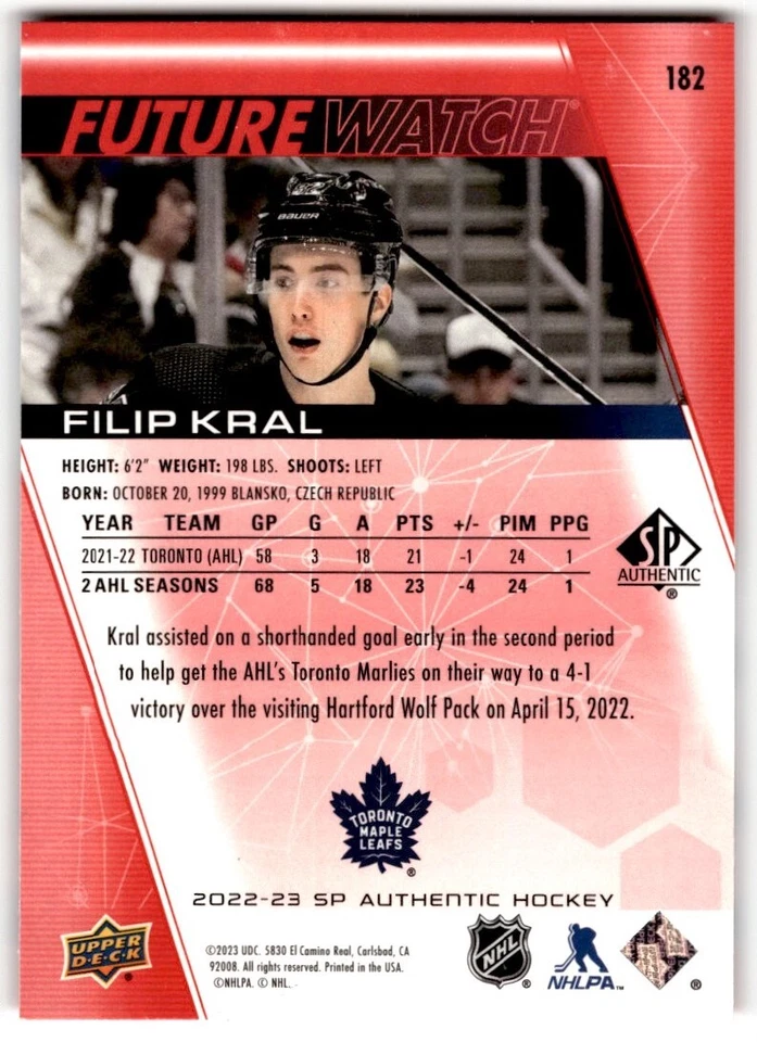 Filip Kral 2022-23 SP Authentic Limited Red Future Watch Rookie #182 Toronto - Image 2 of 2