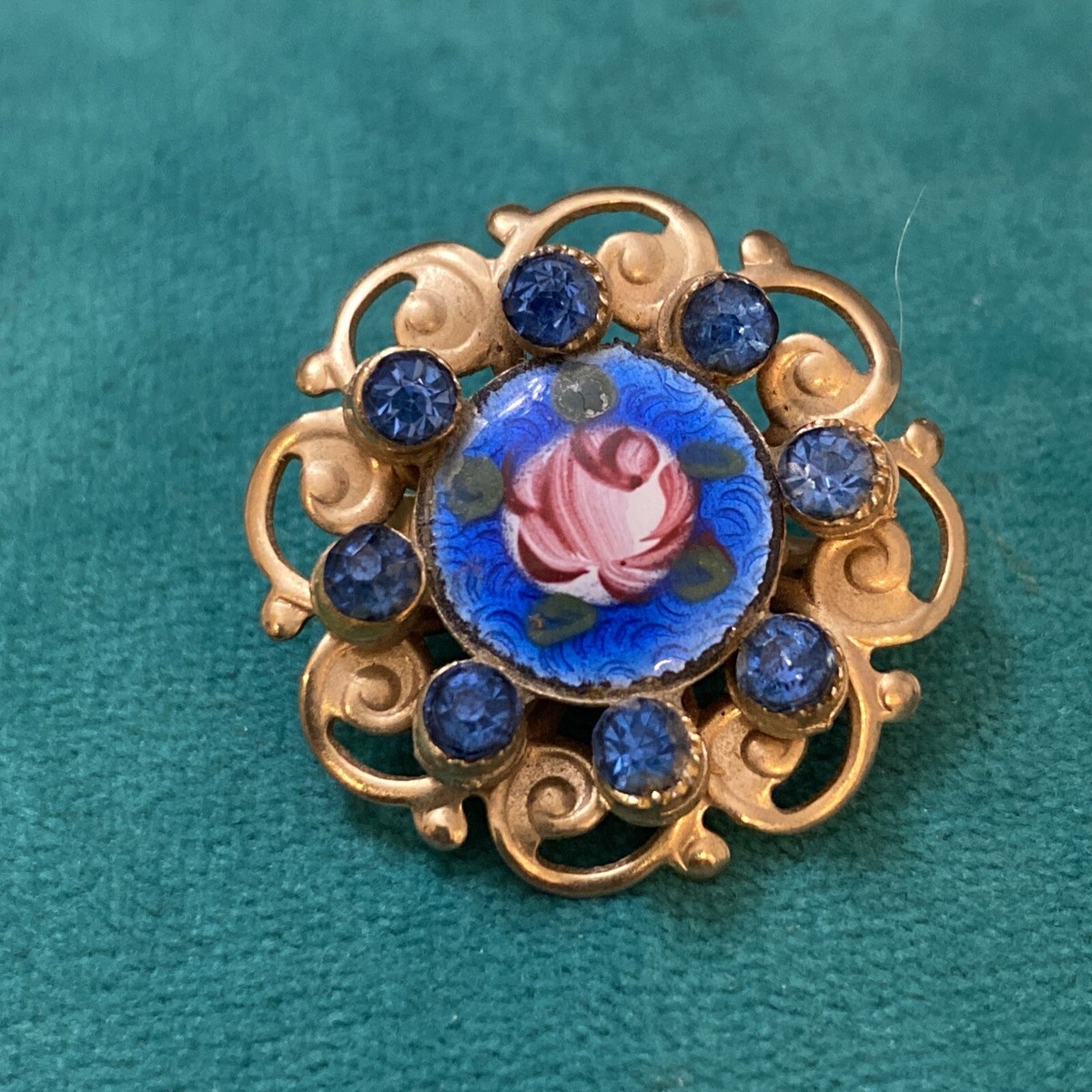 1950s Enamel Guilloche Rose Pin/Brooch Sapphire Blue Rhinestones