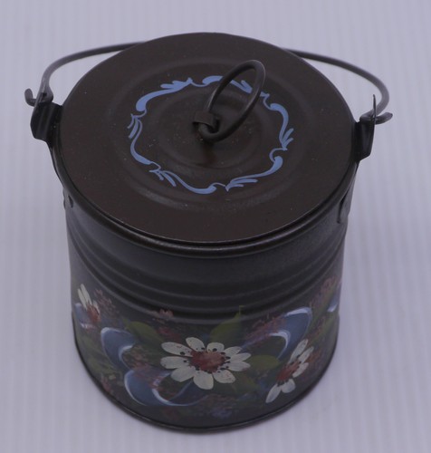 VINTAGE HANDBEMALTER TOLEWARE METALL EIMER MIT DECKEL, SCHMUCKKÄSTCHEN, KÜNSTLER SIGNIERT
