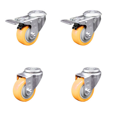 3 Inch Yellow Polyurethane Swivel Bolt Hole Caster Set with 2 Total Lock Brake