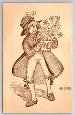 Artist Aina Stenberg~Christmas~Sepia Line Drawing Boy w/Pot Of Flowers~ART DECO