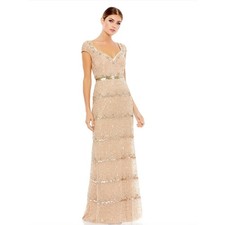 MAC DUGGAL Dress Size 14 Evening Gown Sequin Cream Cap Sleeve Beaded NEW