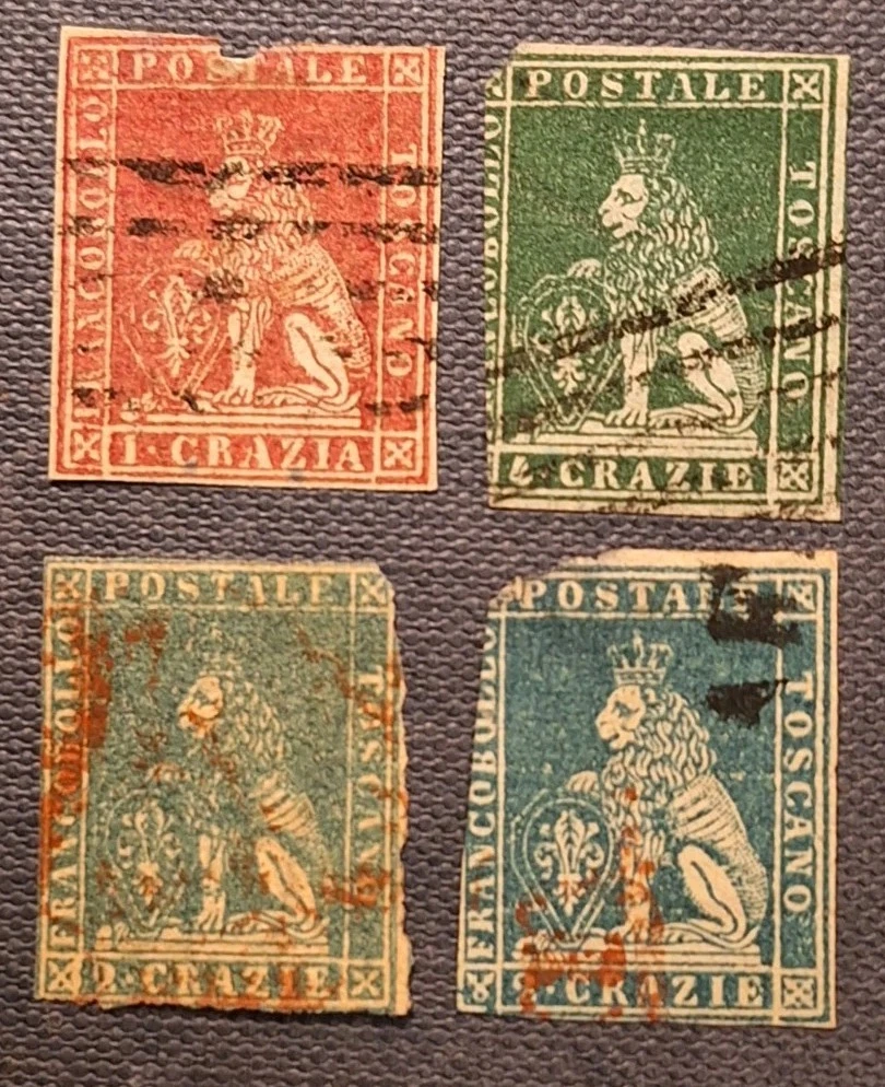 Toskana 1851, 1, 2, 2, 4 Cr., Mi. Nr. 4, 5, 5, 6, mit Schäden!, gestempelt
