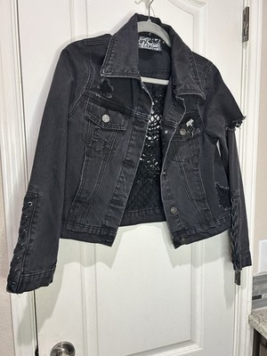 Killstar Dark Daze black Denim Distressed Jacked Corset Lace Sz Small Skull Goth