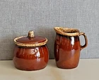 Vintage Hull Oven Proof Pottery Brown Drip Glaze Creamer and Sugar Bowl Set USA