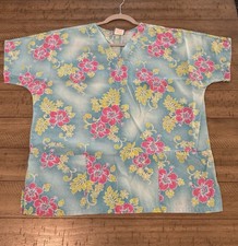 Floral Print V-Neck Medium Scrub Top in Aqua with Pink Yellow Flowers