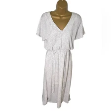 Sienna Sky Flutter Sleeve Midi Dress Elastic Waist Dot Print White S