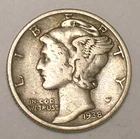 1938 Mercury Winged Head Dime 10 Cents Silver Coin VF