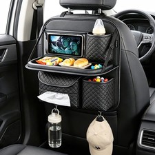 PU Leather Backseat Car Organizer with Foldable Tray  Tablet Holder Black