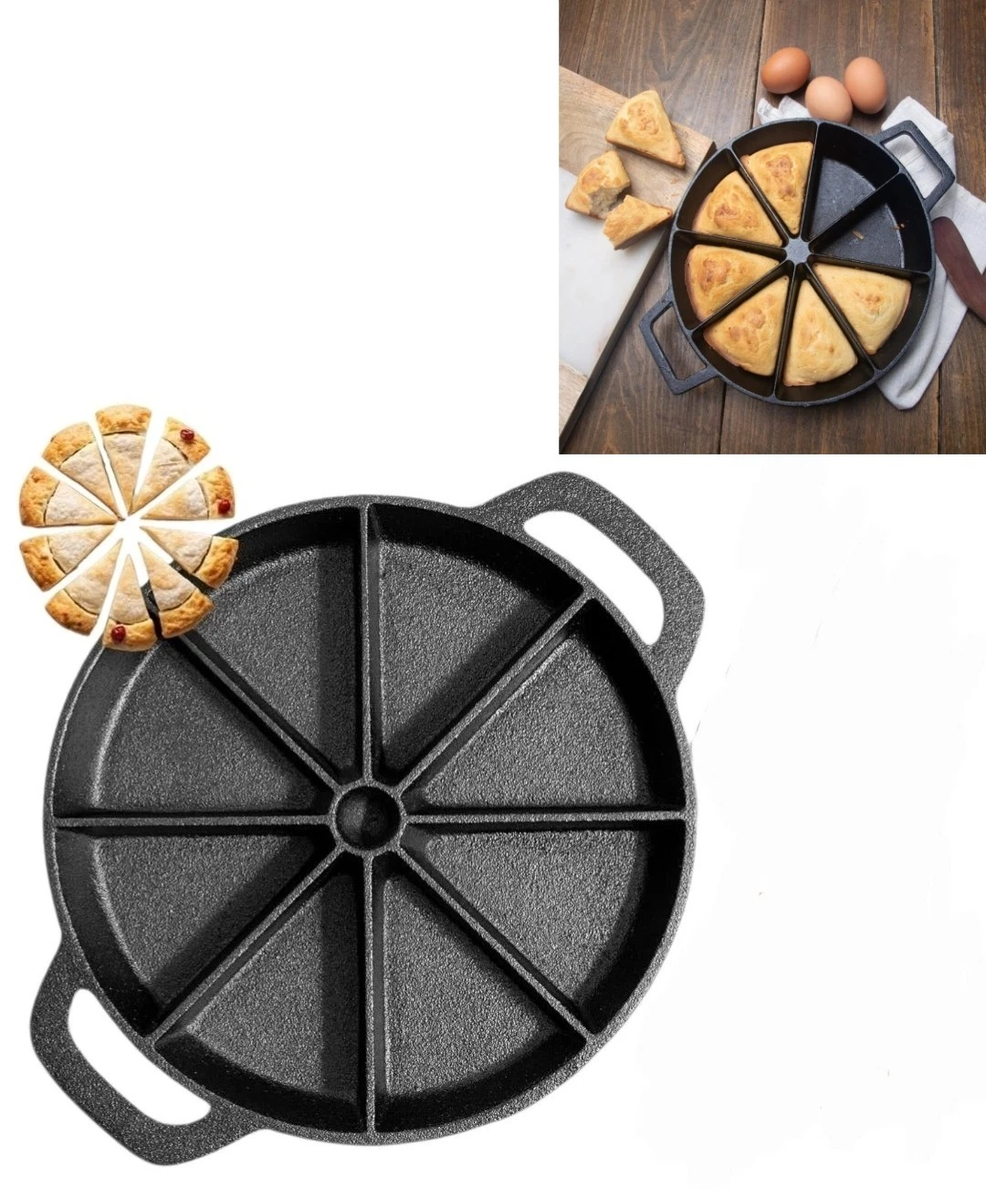 Classic Cast Iron Wedge Pan, Non-Stick Cornbread Skillet with Easy Transport Han