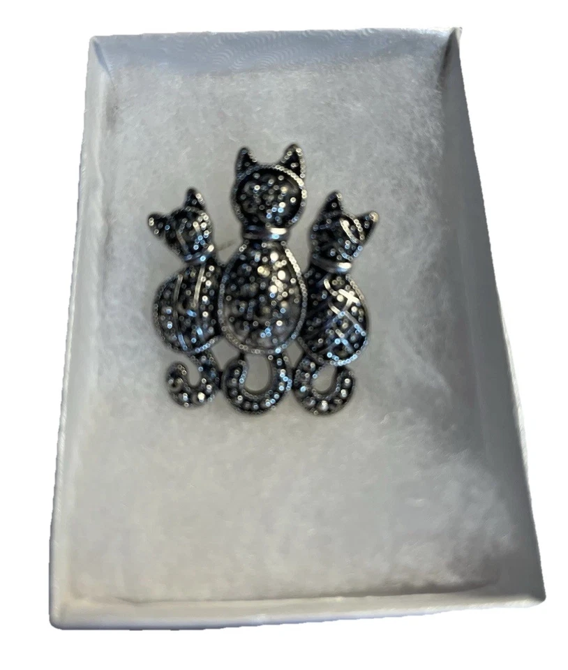 3 Cats Kitty Pin Brooch Black Cat Silver Tone Pewter Marcasite Rhinestones Gift - Image 4 of 4