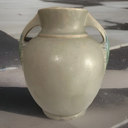 Art Deco Tuscany Roseville Pottery Bulbous Vase Double Handle Leaf Gray & Green