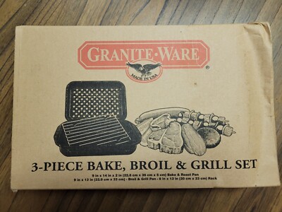 NEW Granite Ware 3 Piece Bake, Broil, Grill Pan Set Cooking Ware Box Damaged