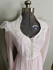 Vtg 70s Pink GUNNE SAX Corset Waist Maxi Dress Gown Lace/Pearl XS Cottagecore