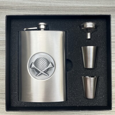 Flachmann mit Golfmotiv Geschenkset. Edelstahl 8oz. Nagelneu.