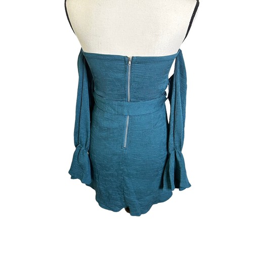 Selfie Leslie Off-Shoulder Dress Small Teal Bell Sleeve Mini Dress Party Elegant - Picture 7 of 10