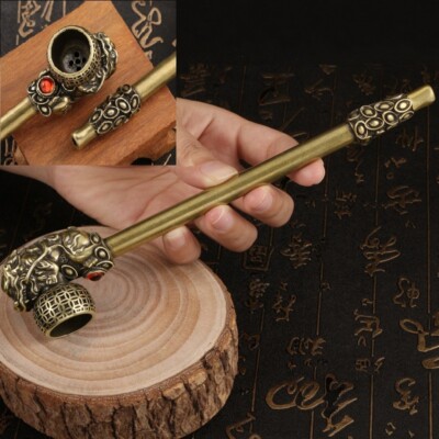 Large Handmade Carving Ruby Pixiu Brass Metal Smoking Pipe Chamber Tobacco Herb