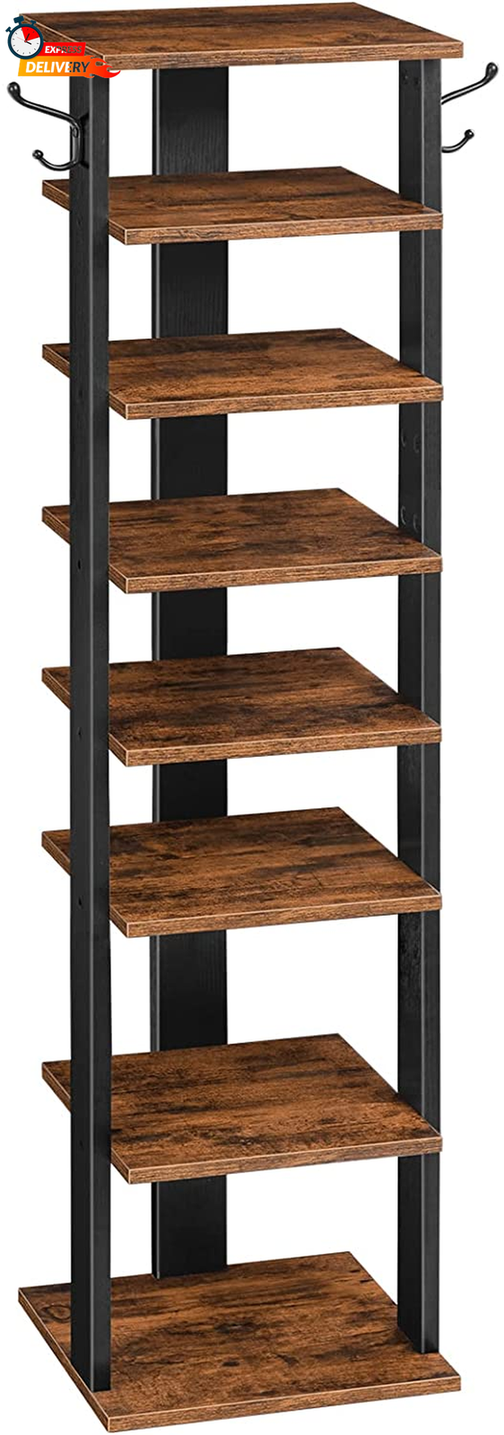 HOOBRO 8 Tiers Vertical Shoe Rack Wooden Shoe Storage Organizer with Hooks Nar