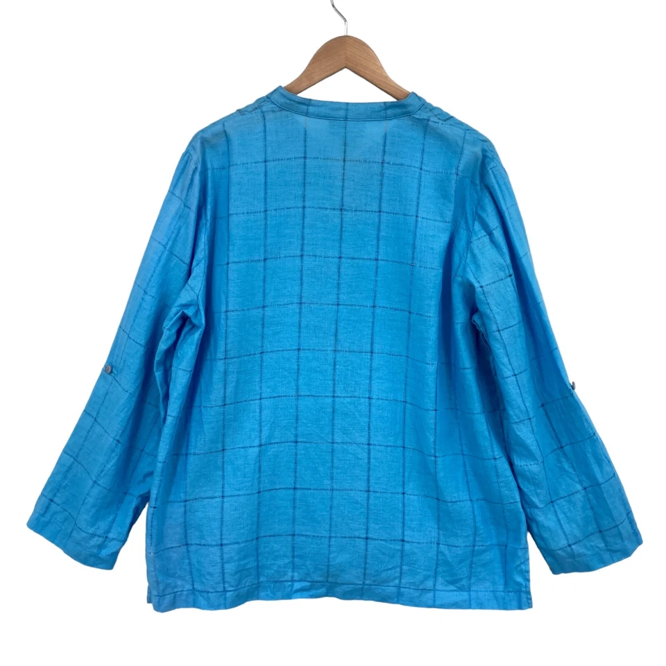 Camisa de lino JM Collection para mujer talla 18 azul liso botón abertura frontal Foto 2 de 4