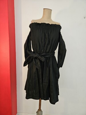 Country Road Black Off Shoulder Black French Linen Dress with Tie Size 4 |  eBay Australia