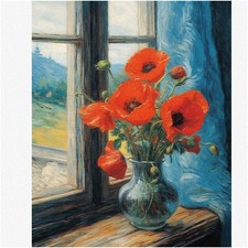 Rustic Window Flower Poppy Vase Art Kit - DIY Paint by Numbers for Adults. Compl