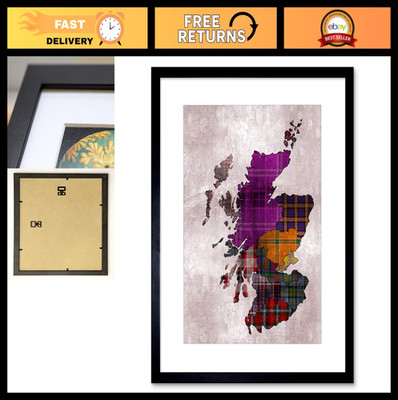 Framed Scotland Tartan Map Art Print - Detailed Regions & Inset Design, 12x65 cm