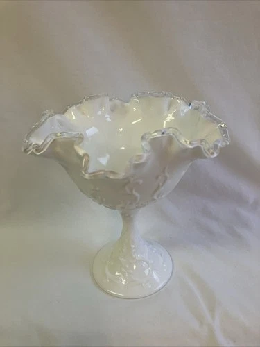 Vintage Fenton Silver Crest Milk Glass Compote Pedestal Candy Dish Ruffled Bowl