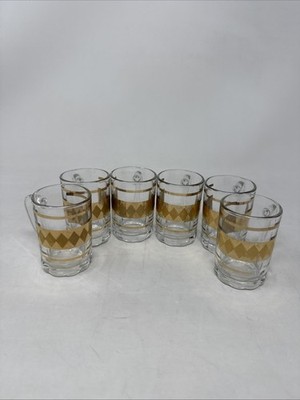 6 Vintage Turkish Pasabahce Diamond Pattern Design Tea Coffee Glass w Handles