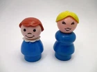 Set of 2 Vintage Little People Woman Blue Body Yellow Hair Girl Brown Hair