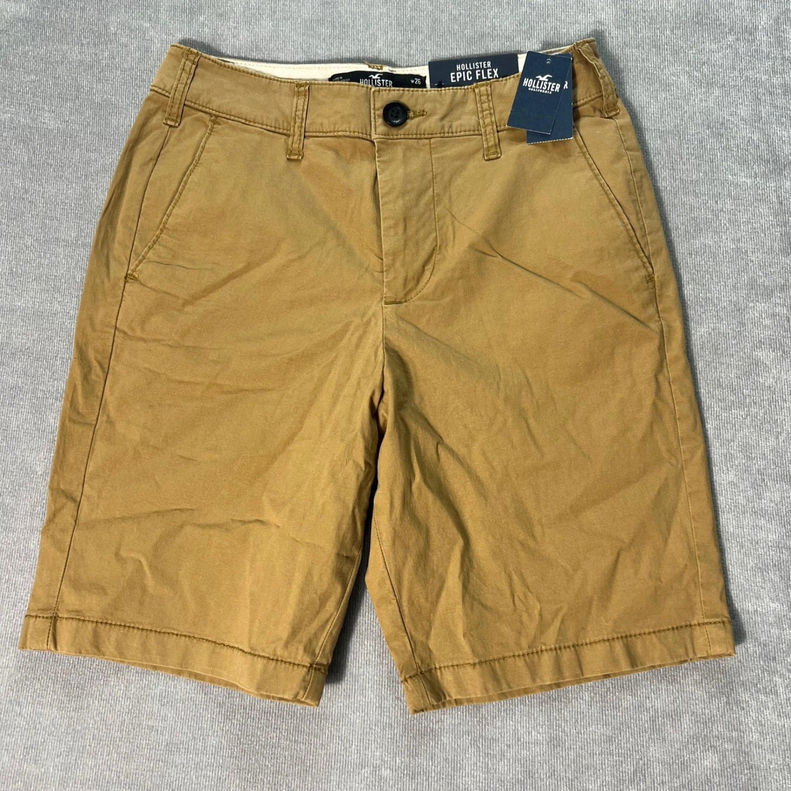 Hollister Epic Flex Flat Front Chino Shorts Khaki Tan 26 Mens 9 Inch Inseam NWT