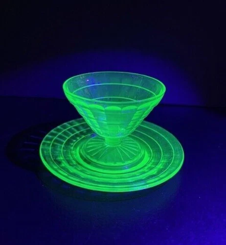 Vtg Anchor Hocking Block Green Uranium Depression Glass Sherbet Cup & Saucer Set