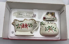 Lenox Holiday Santa Sleigh Sugar Bowl, Creamer & Teaspoon - New in Box