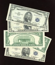 $5 Blue Seal Silver Certificate Series 1953 Old US Currency, Very Fine (VF)