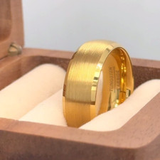 Yellow Gold Tungsten Band Matt Finish Stepped Edges Ring Husband Gift Ring