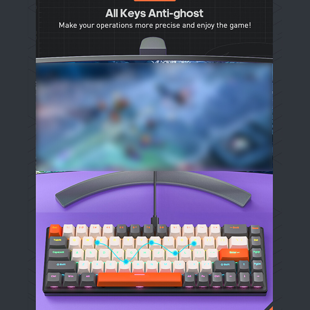 68-Key Compact Mechanical Keyboard with FN Shortcut, Anti-Ghosting, and A3Q5 Layout for Efficient Typing and Gaming